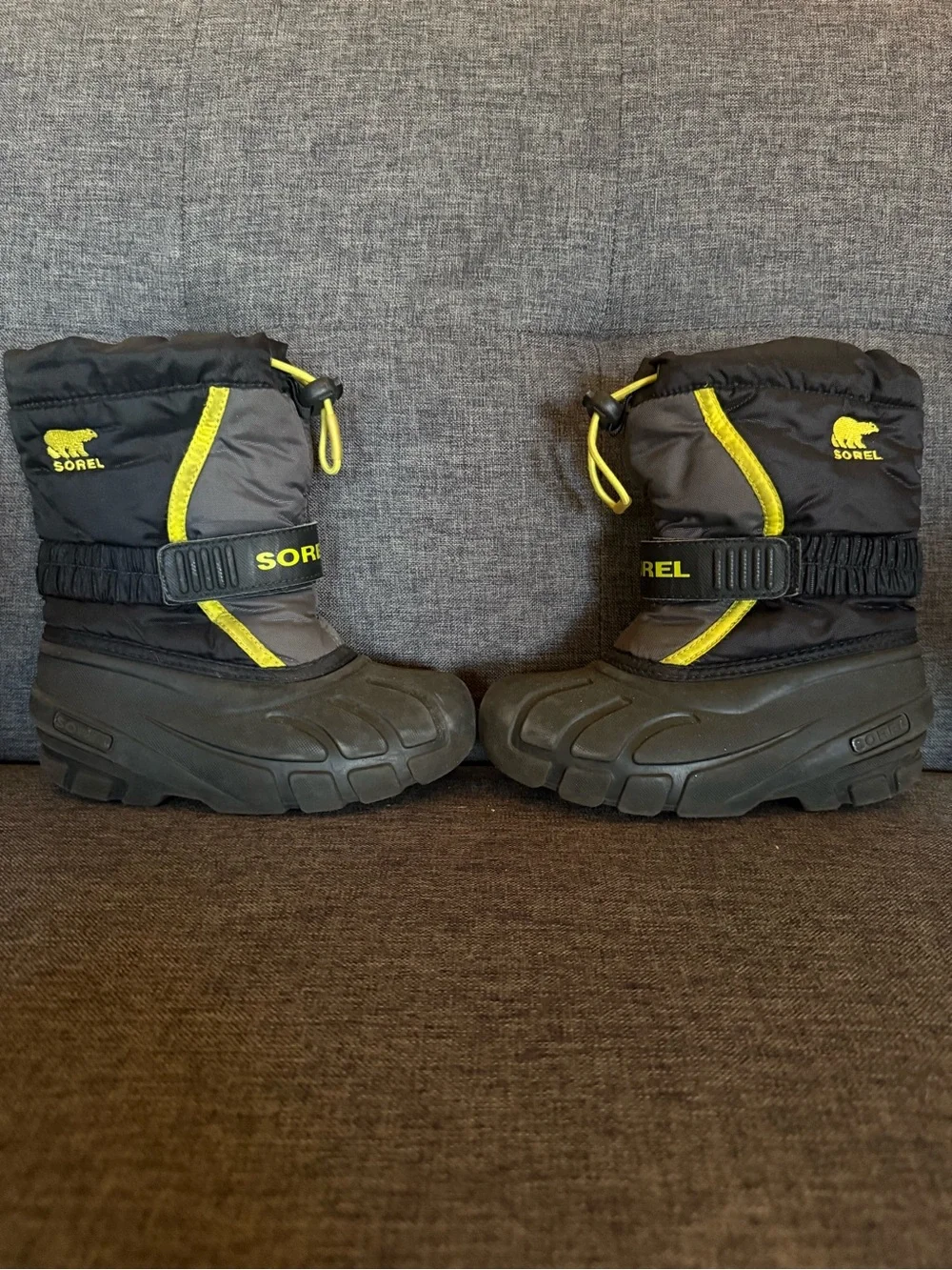Sorel Kids Black, Gray and Lime Snow Boots